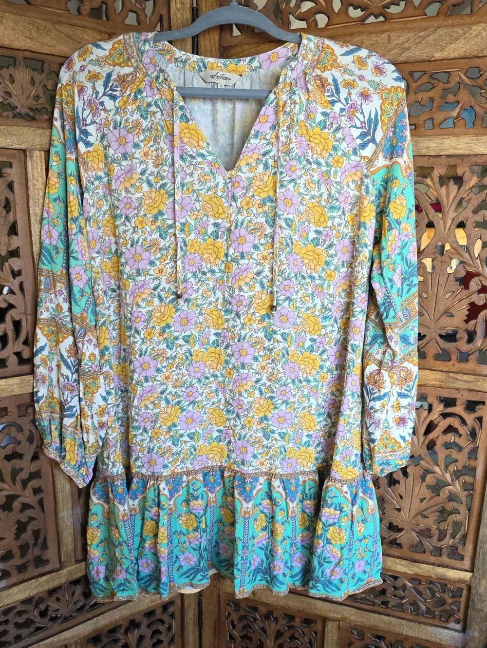 Arnhem Floral Long-Sleeve Tiered Tunic Dress in Yellow, Teal & Lavender